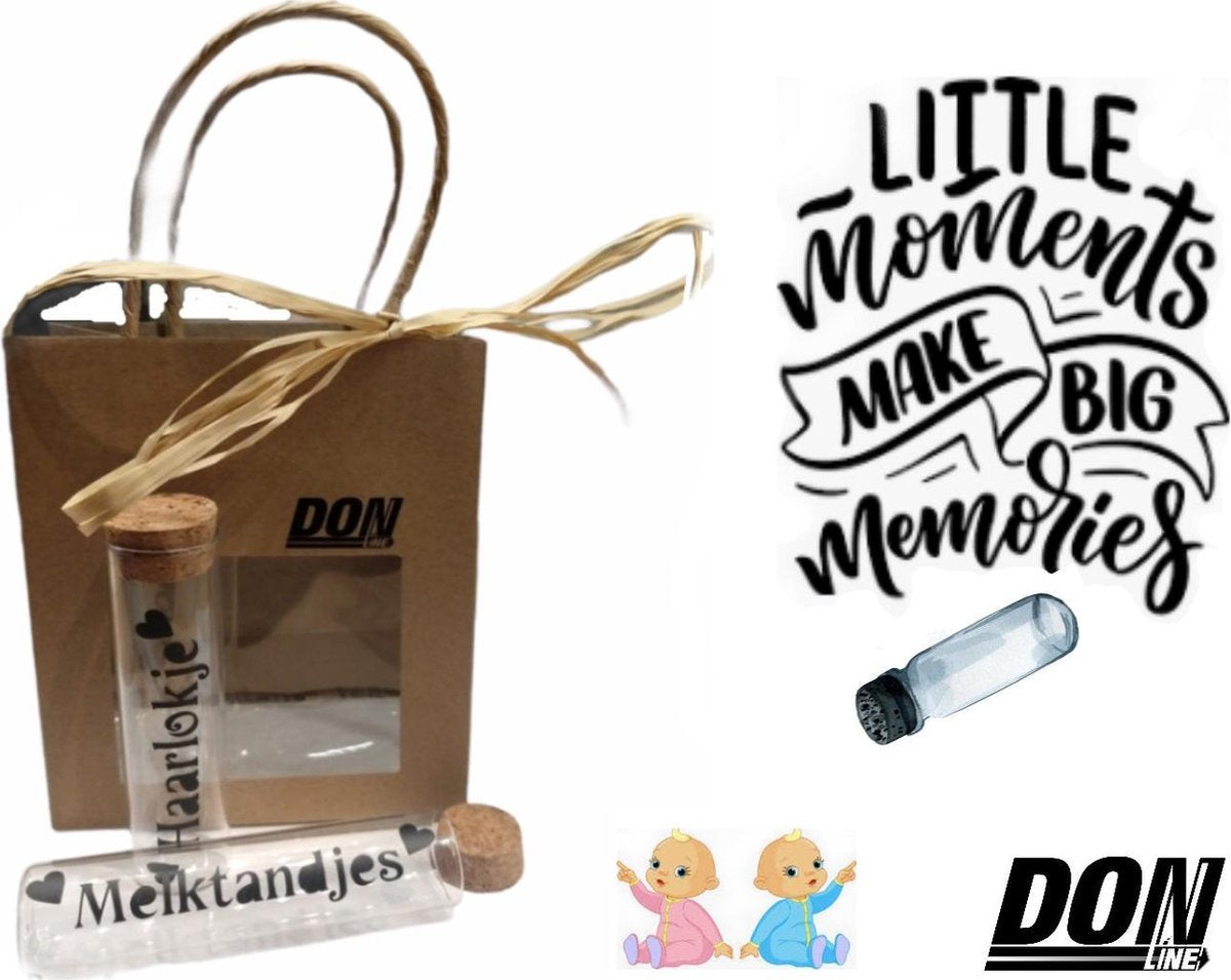DONLINE - Setje van 2 - Haarlokje & Tandjes Buisje/Flesje met Kurk Baby & Kind / Tanden - en Haarlok Buisjes/ - Leuk voor in een kraammand - Kraamcadeau in cadeauverpakking / Kraamcadeau / Babyshower Gift / Hairlock & Milkteeth Bottles + Cork Lid