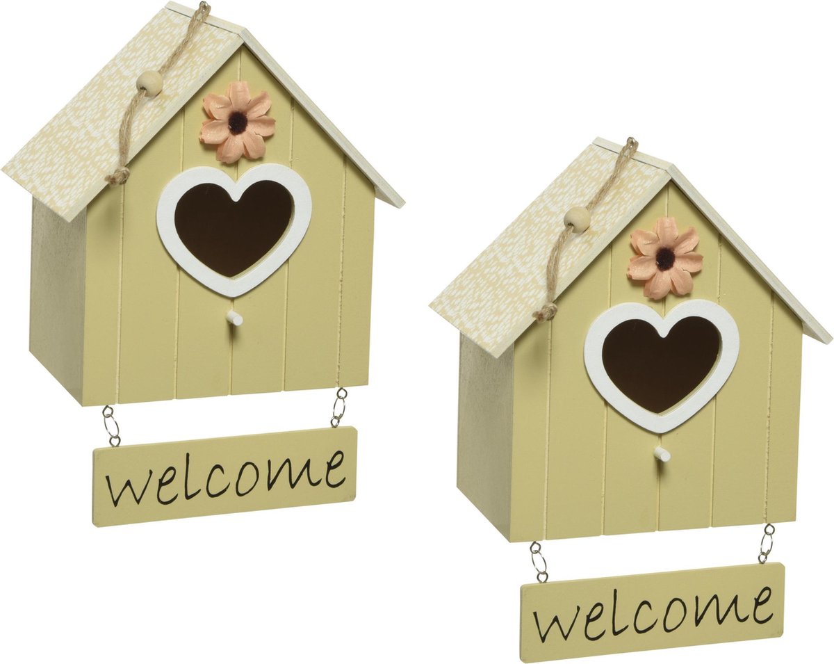 Set van 2x stuks vogelhuisjes/nestkastjes geel van triplex 12 x 16 x 22