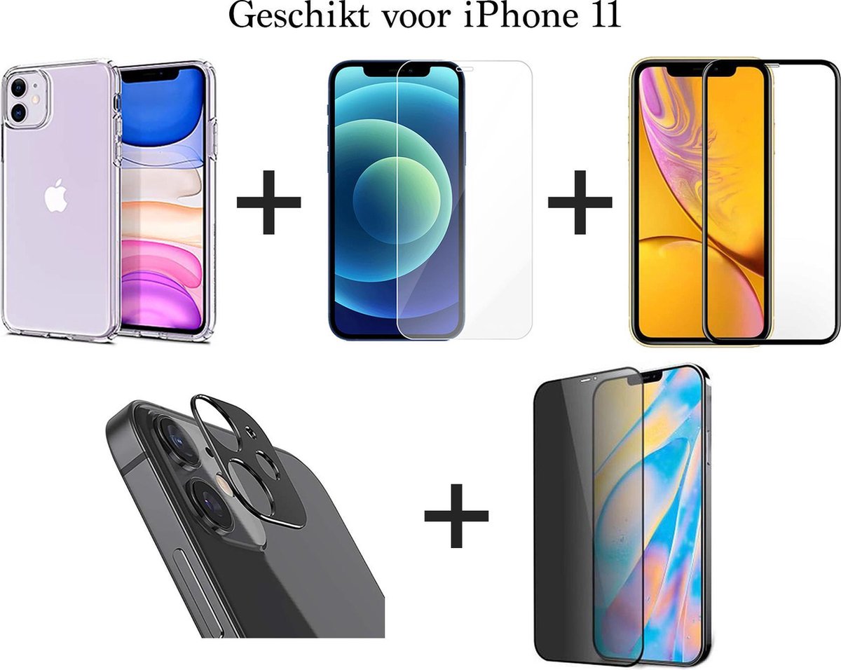 iPhone 11 Hoesje COMBI DEAL - 1x Hoesje Siliconen Transparant - 1x Screen Protector - 1x Screenprotector Full Cover - 1x Privacy Screenprotector - 1x Camera Screen Protector