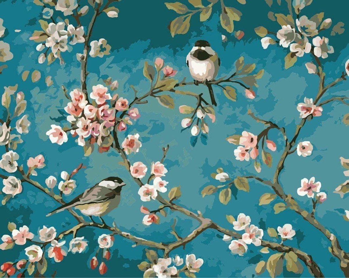 Schilderen op Nummer Volwassenen - 40x50 cm - Vogels - Van Gogh - Paint by Number - Hobby Pakket - Met 3 kwasten - Zonder lijst - Met ophanghaakjes