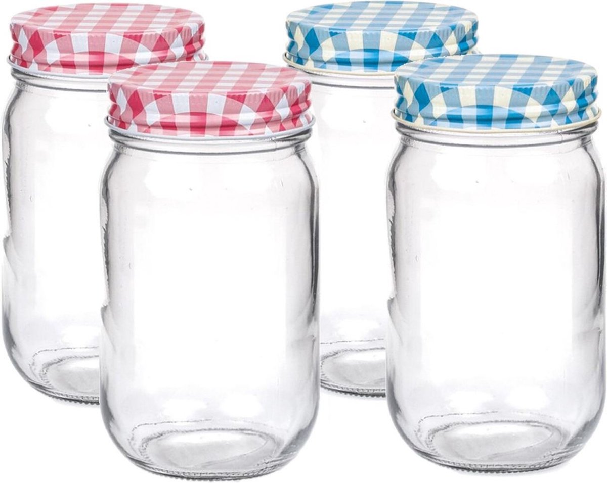 Set van 4 stuks glazen weckpotten/inmaakpotten met schroefdop 450 ml - Jampotjes met draaideksel - Voorraadpotten met draaidop