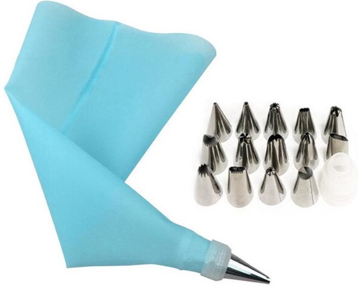 Cabantis Siliconen Spuitzak met Spuitmondjes|16-delig|Garneerspuit|Slagroomspuit|Decoratie|Decoratieve Accessoires|Blauw