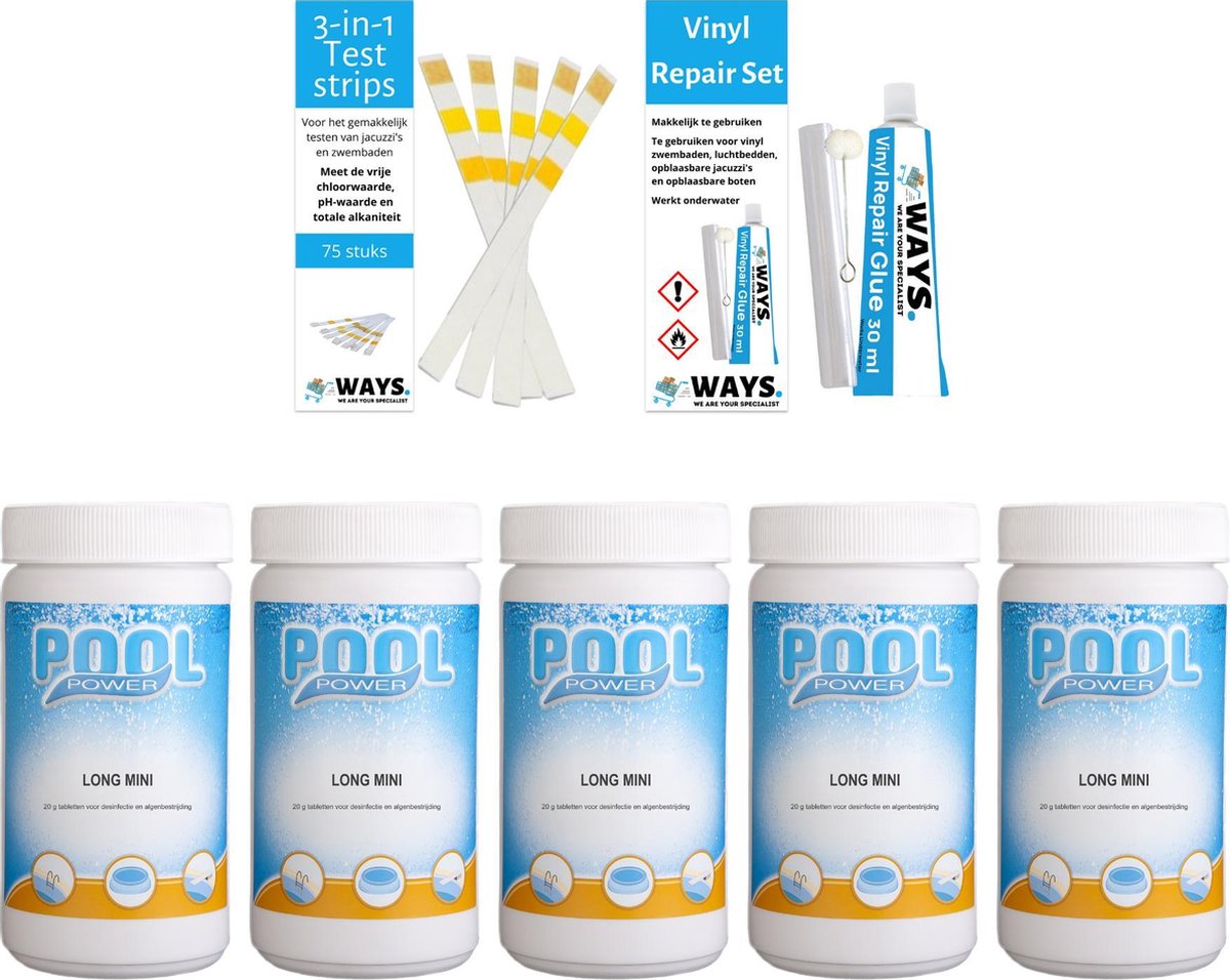 Poolpower - Voordeelset - Chloortabletten voor zwembaden - 5 kilogram & WAYS Reparatieset en Teststrips