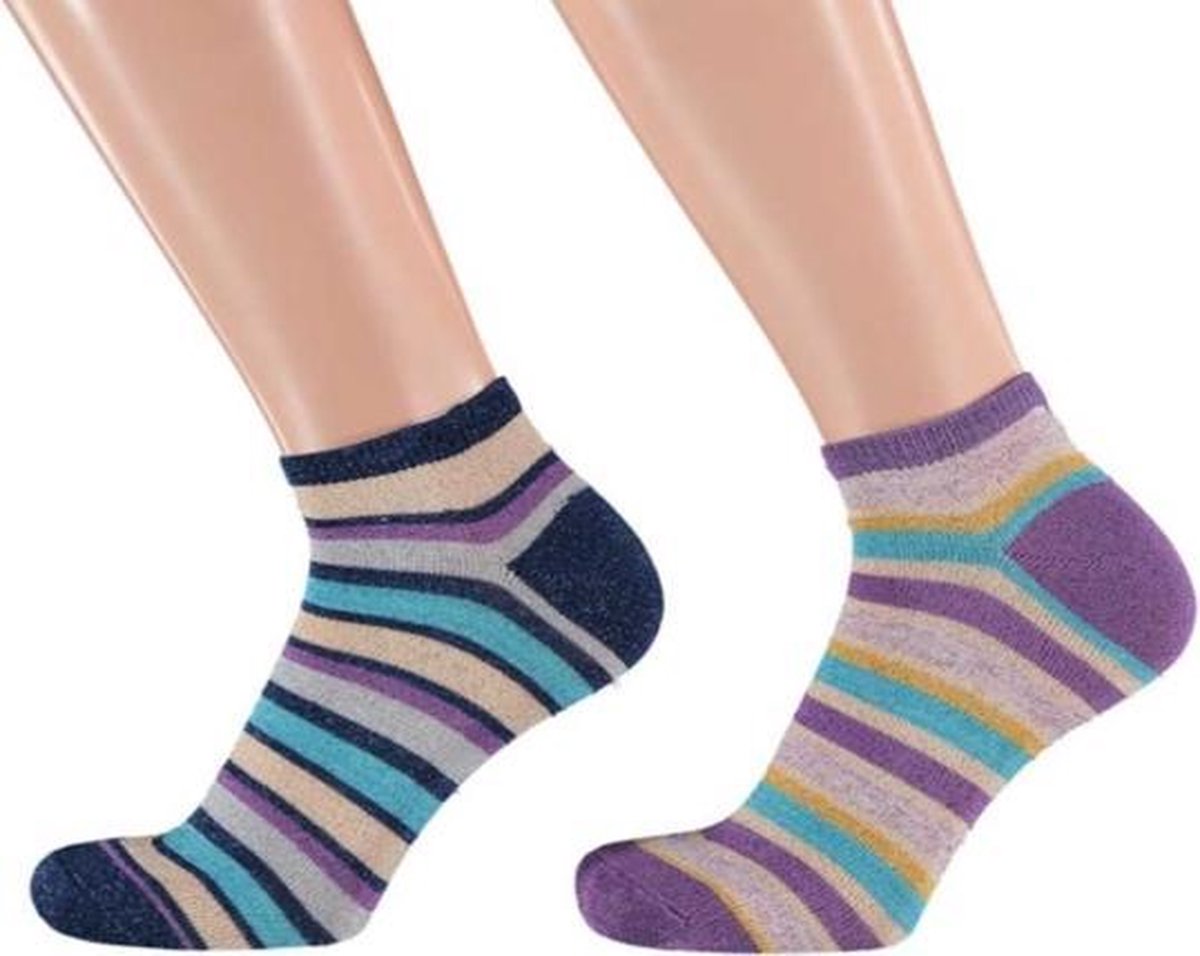 Sarlini Fashion Dames Low Sneakersok Stripes Lila | 2-Pack | Maat 36-41