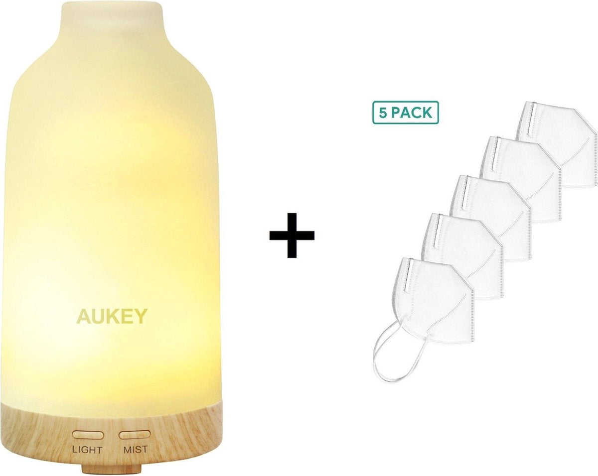 AUKEY Glas Aroma Diffuser Etherische olie Luchtbevochtiger met 7-kleuren LED-licht Verandert Ultrasone Cool Mist en Auto Timer voor slaapkamer