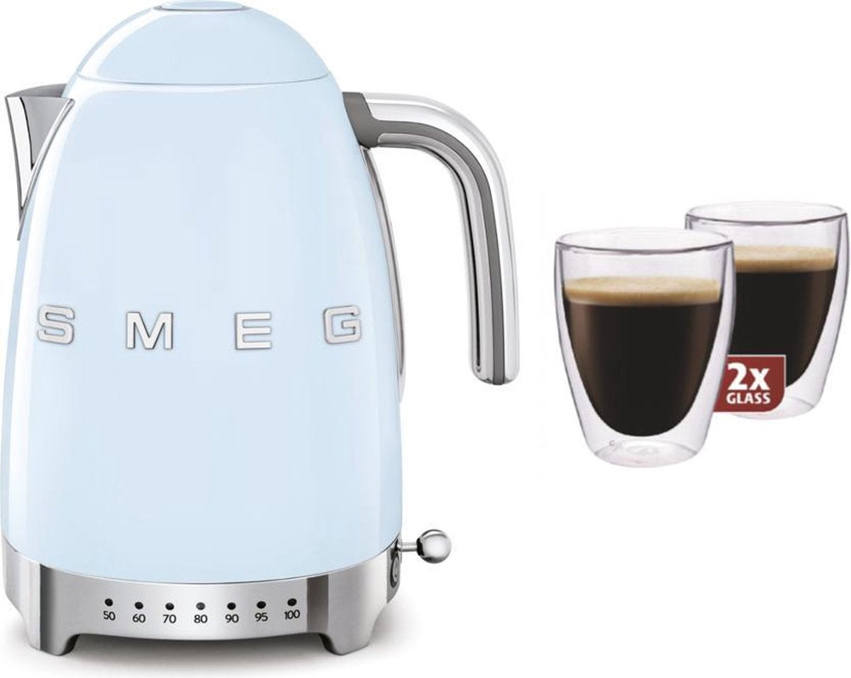 Smeg KLF04PBEU - regelbare waterkoker - Blauw + Maxxo dubbelwandige glazen - 2 stuks