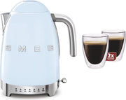 Smeg KLF04PBEU - regelbare waterkoker - Blauw + Maxxo dubbelwandige glazen - 2 stuks