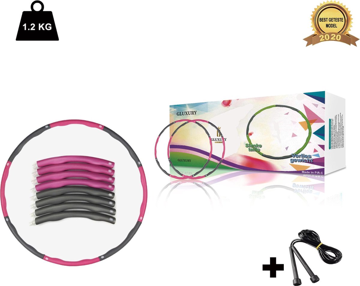 Fitness Hoelahoep met masserende golven Extra sterk Materiaal + Gratis Springtouw – 1.2 kg – Ø 100 cm – Hula Hoep – Fitness Hoepel – Roze/Grijs – 8 Delig – Waist Trainer – Hoepel – Thuisfitness
