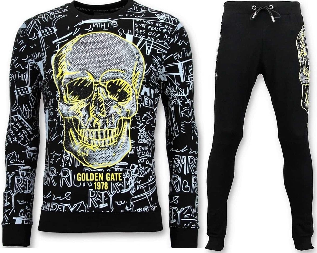 ENOS Joggingpak Heren met Print - Neon Geel Doodskop - Zwart - Maat: S