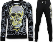 ENOS Joggingpak Heren met Print - Neon Geel Doodskop - Zwart - Maat: S