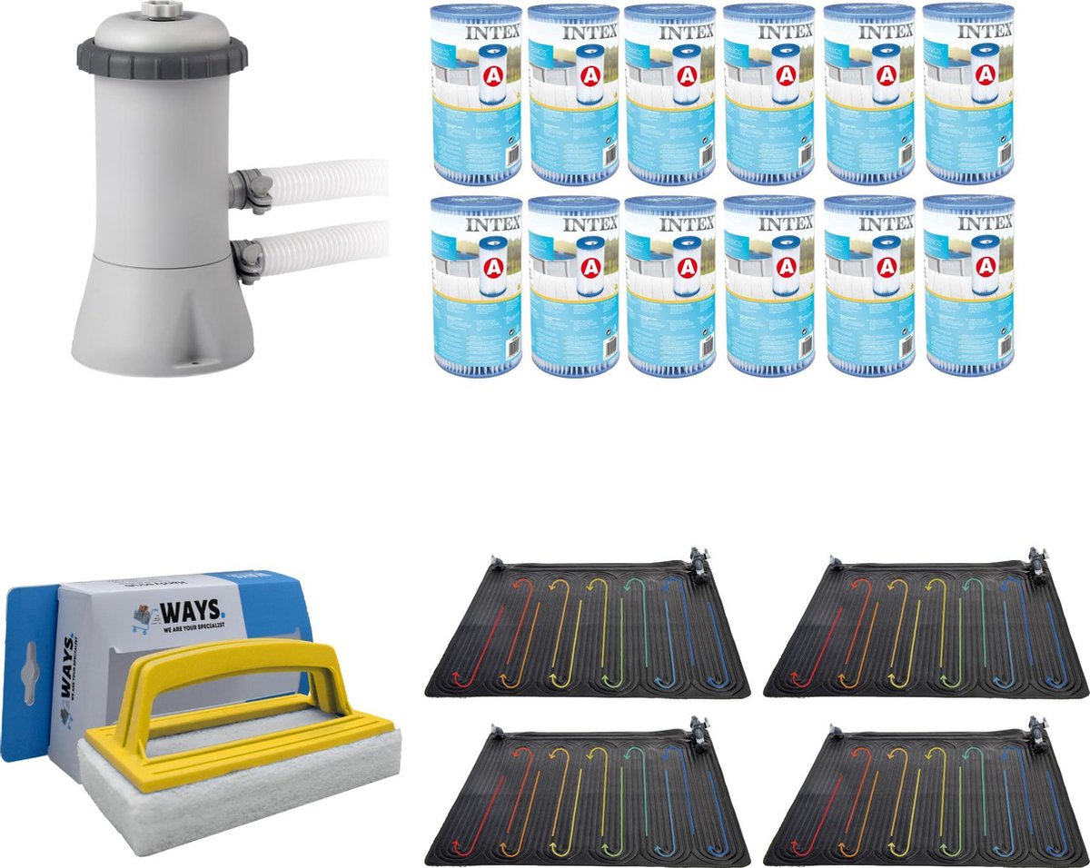 WAYS - Zwembad Onderhoud - Zwembad Verwarming 4 stuks & Intex Filterpomp 28604GS & 12 Intex Filters Type A & WAYS Handy Scrubborstel