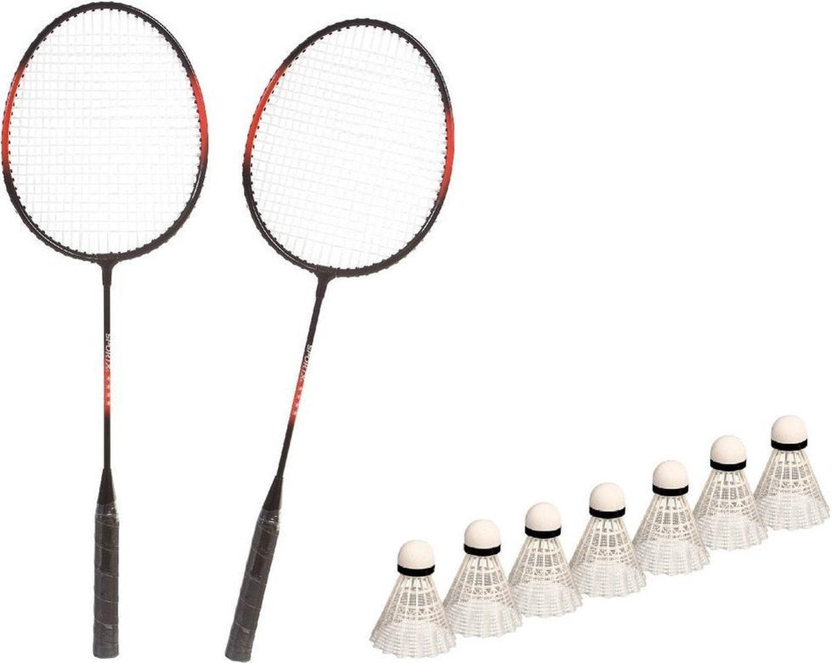 Badminton rackets set rood/zwart met 7x shuttles en opbergtas - 3 sterren kwaliteit