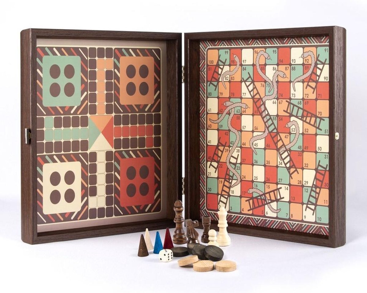 Vintage Style - 4-in-1 combo backgammon-schaak-dam-ludo-snakes Top Kwaliteit Klasse en Geweldig
