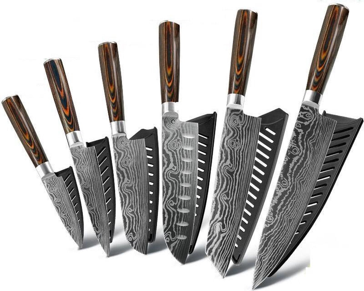 Mastersøn - Luxe en Professionele Japanse Messenset - Set van 6 - Damascusmes - 67 Laags - VG10 - Damascus Mes Messenset - Damastmes - Koksmes - Santoku - Paring - Utility - Kiritsuke