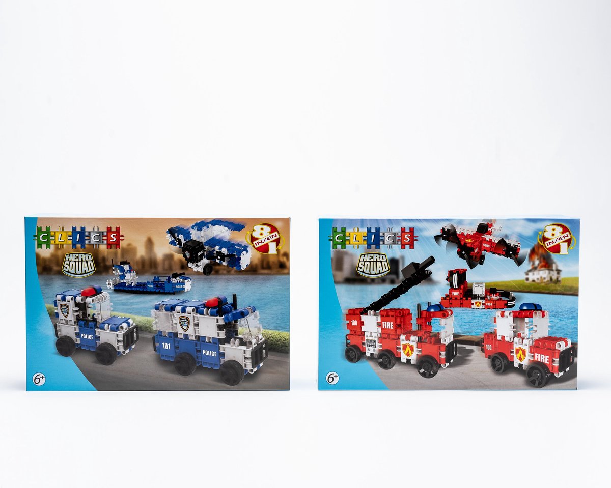 Clics Hero-set: 1 doos Hero Squad Politie en 1 doos Hero Squad Brandweer