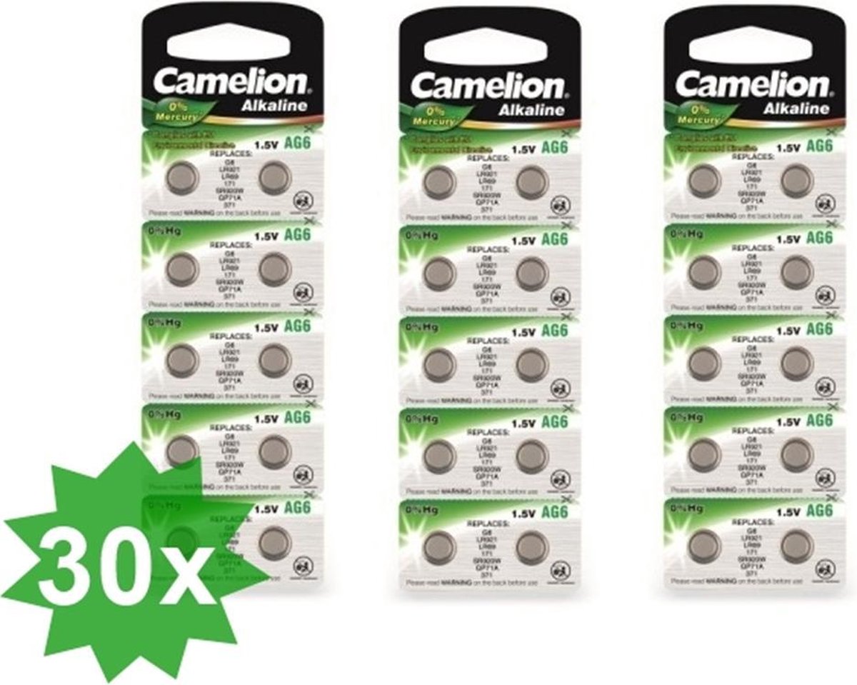 Camelion AG6 / 371 / 370 / SR 920 SW / G6 1.5V knoopcel batterij - 30 Stuks (3 Blisters a 10St)