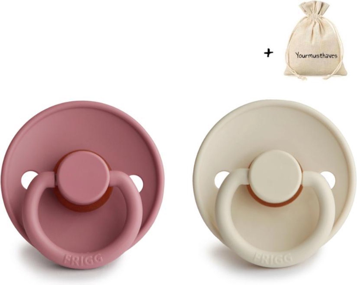 FRIGG | Fopspeen Duo | T1 | 0-6 maanden | Classic | Natuurrubber | Blush + Cream | Met YOURMUSTHAVES speenzakje