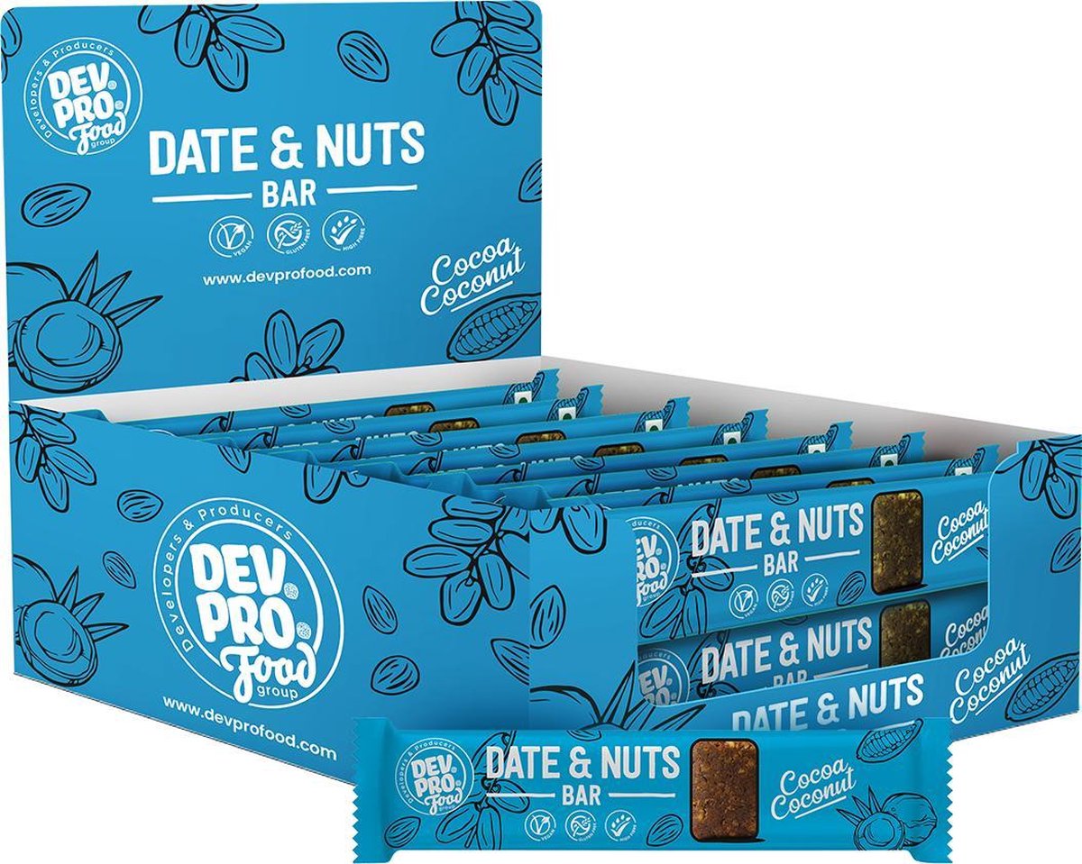 Dev. Pro. Dadel & Noten reep - kokos chocolade smaak - doos met 16 repen - handige SRP verpakking - lekker voor op school of in de sportschool