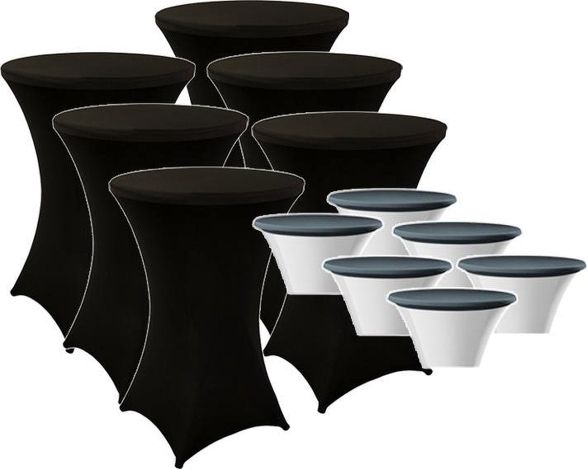 Zwarte Statafelrok x 6 + Top Cover x 6 – 80 cm x 110 cm hoog | Cocktailtafel | Statafelhoes met Topcover | Inclusief Zwarte Statafelhoes | Staantafelrok Stretch Rok | Horeca Staantafelhoes Zwart inclusief Topper