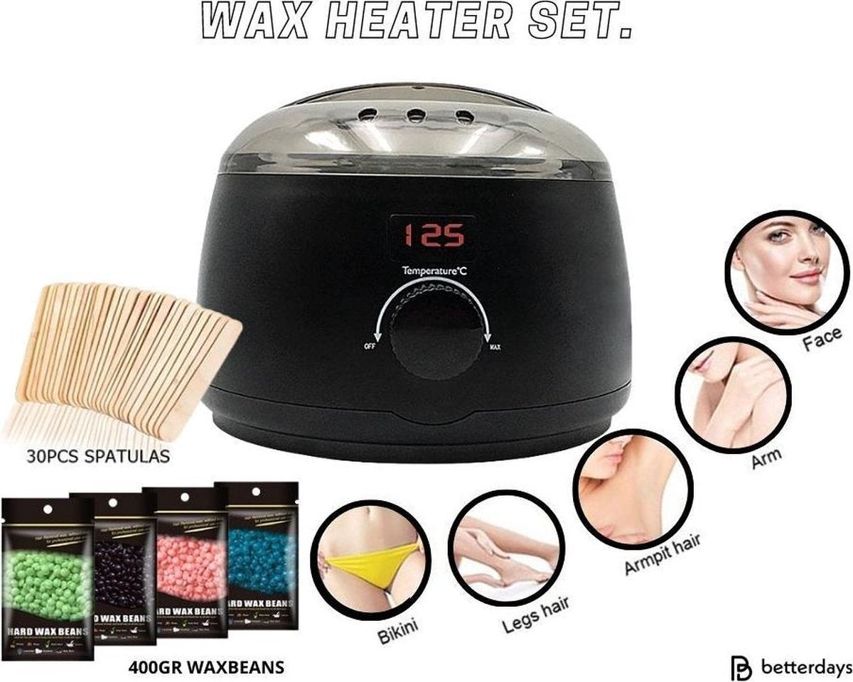 Wax Heater SET! - Harsapparaat - complete ontharings set - incl. 450gr wax bonen - 30 houten spatels - Wax verwarmer - Thuis gebruik - Lichaam ontharing - Gezichtsontharing - Professioneel gebruik - wax ontharen - harsketel