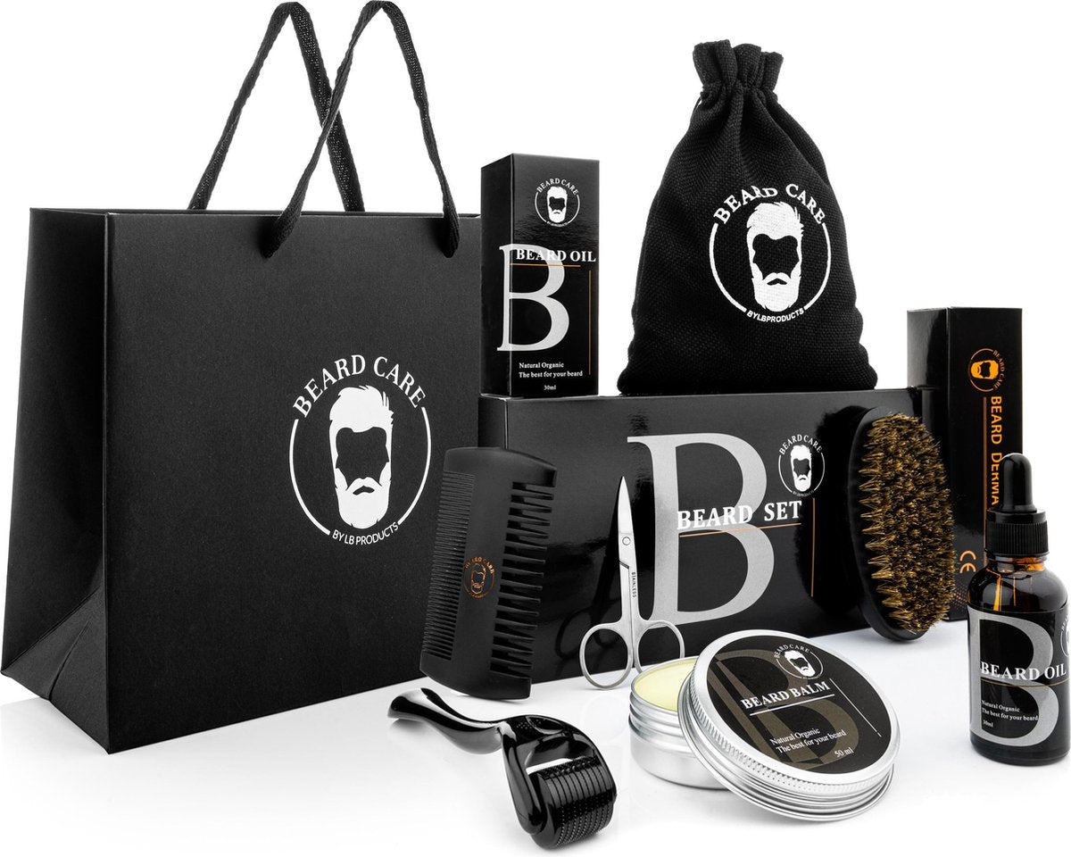 LB Products™ Gift Collection II - Baardverzorging set - Baard roller - Schaar - Baardolie -  Vaderdag Cadeau - Balsem - Kam - Borstel - 50 gr