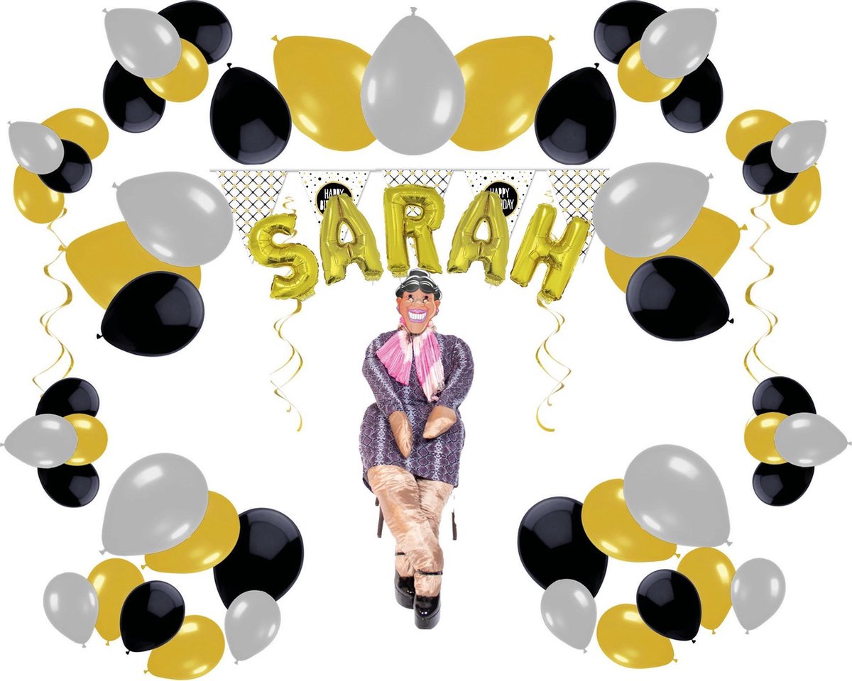 e-Carnavalskleding.nl Feestversiering pakket Sarah 50 jaar | Versiering Sarah 50 jaar feest | Sarah 50e verjaardag feestversiering | Leuk pakket Sarah goud/zwart met feestartikelen voor de Sarah Large