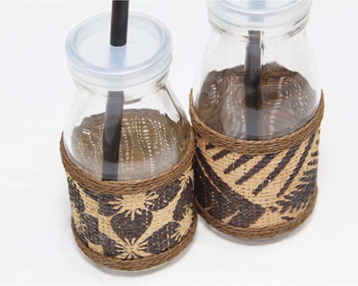 6x Drink flesjes - Glas - Smallere Hals - met Deksel en Rietje - Zonder deksel en rietje ook erg leuk als vaasje - 250 ml