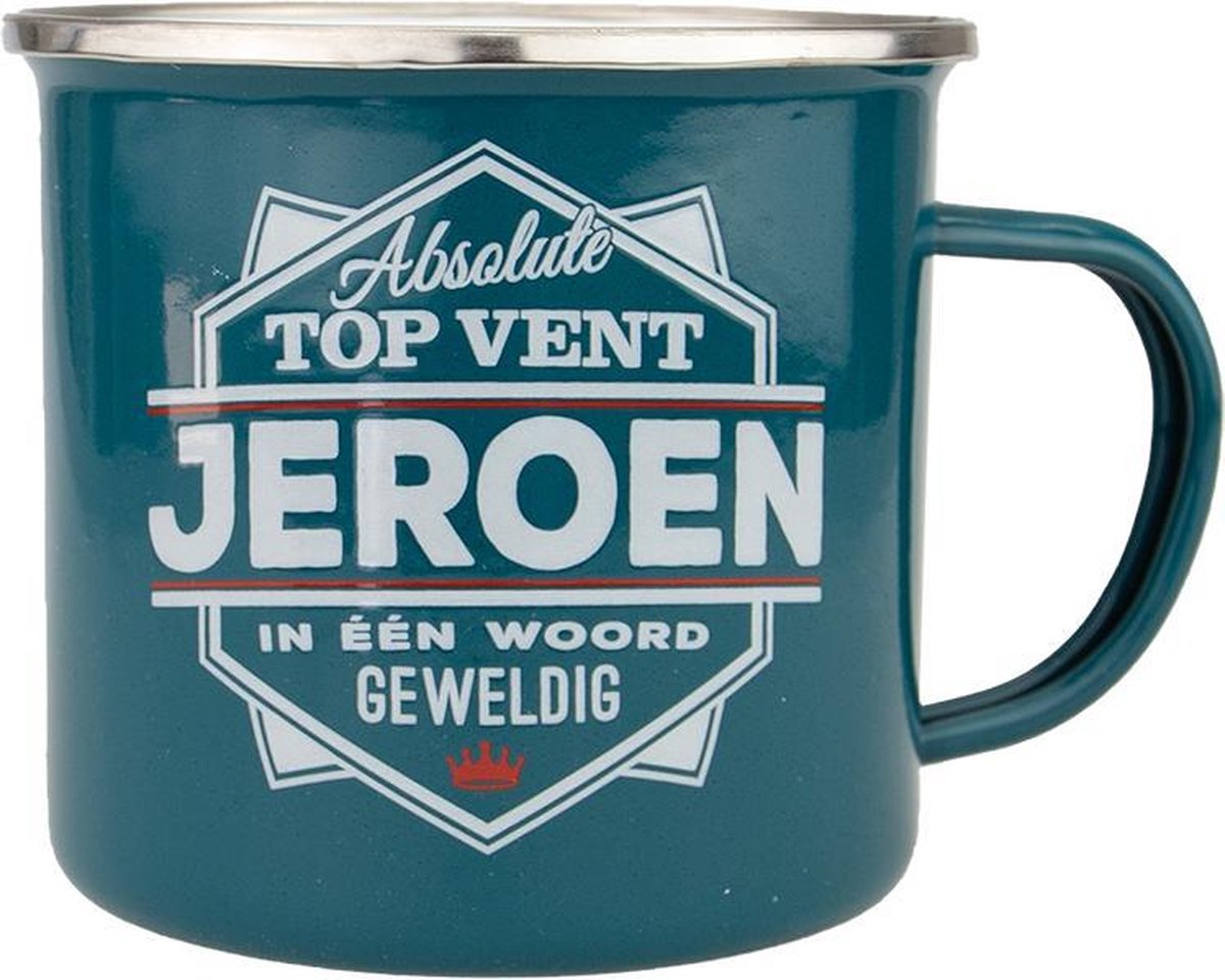 Mok - Top vent - Jeroen - Geëmailleerd - Gevuld met een verpakte toffeemix - In cadeauverpakking