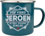 Mok - Top vent - Jeroen - Geëmailleerd - Gevuld met een verpakte toffeemix - In cadeauverpakking