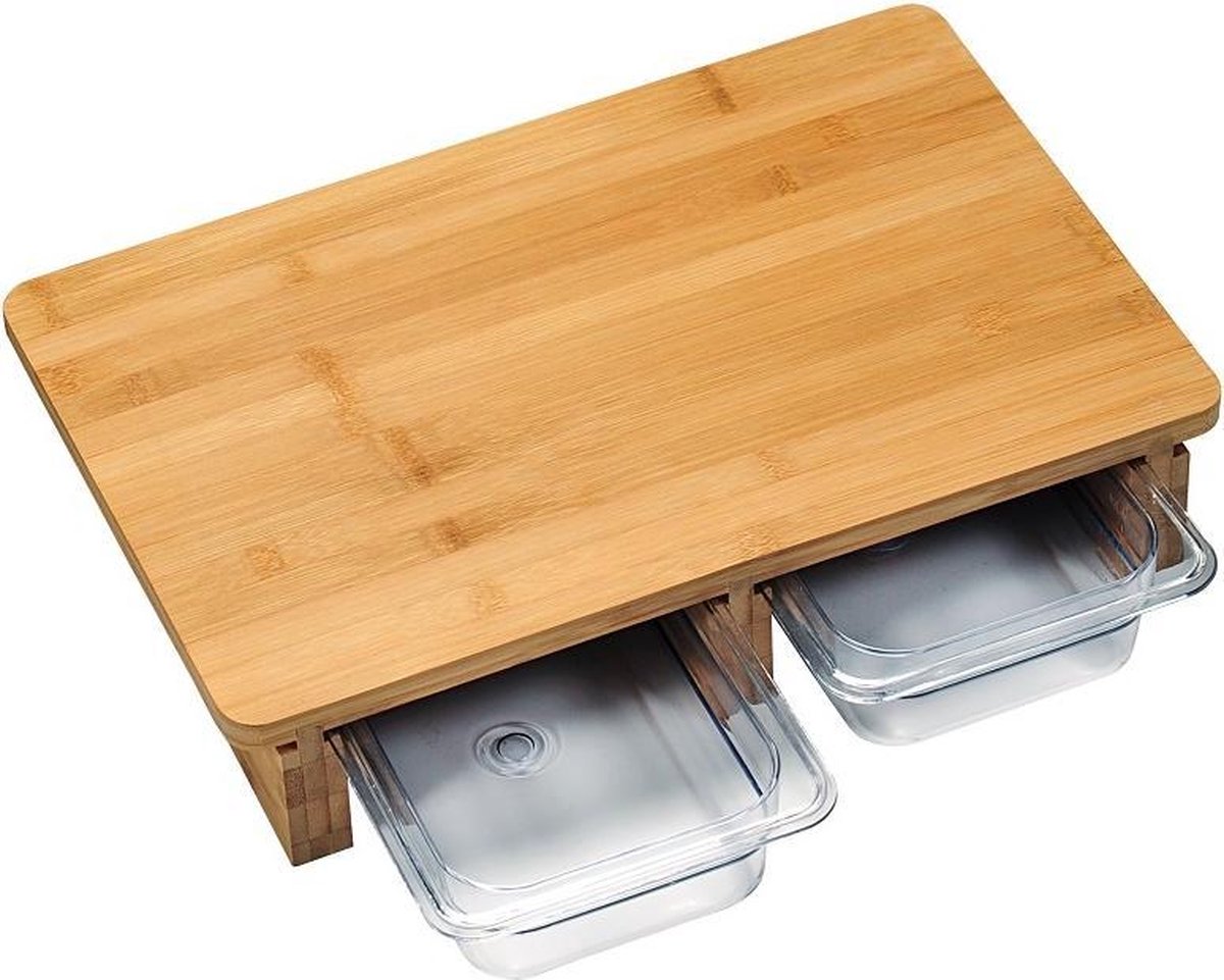 Verhoogde 2-1 FSC® Bamboe Snijplank met 2 uitschuifbare opvang bakken / opvang Containers | 2 Opvangbakken voor Groente of fruit | Keuken snijplank Rechthoekig | Snij Plank met opvangbak |  Afm. 41 x 26