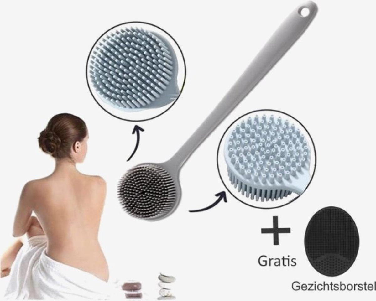 Siliconen Rugborstel | Scrub Borstel | Badborstel Douche Met Steel | Huidborstel | Dry Brush | Kunststof | Doucheborstel | Douchegel | Rug Massage | Gezichtsborstel | Blackhead Remover | Mee eters verwijderen | Rugscrubber | Rug Scrubber | Grijs