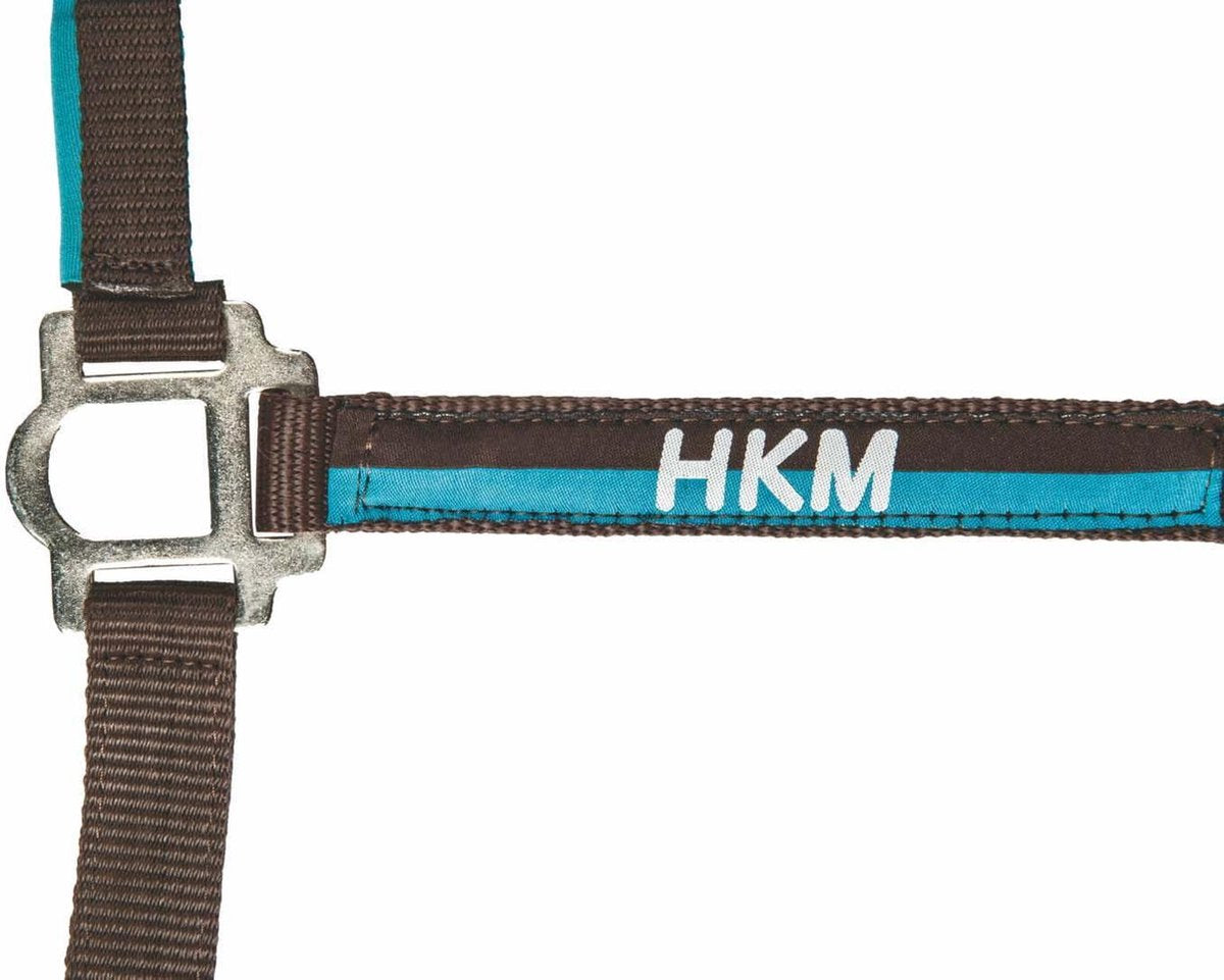 HKM Nylonhalster met touw 180 cm en karabijnhaak bruin/ turquoise Shet