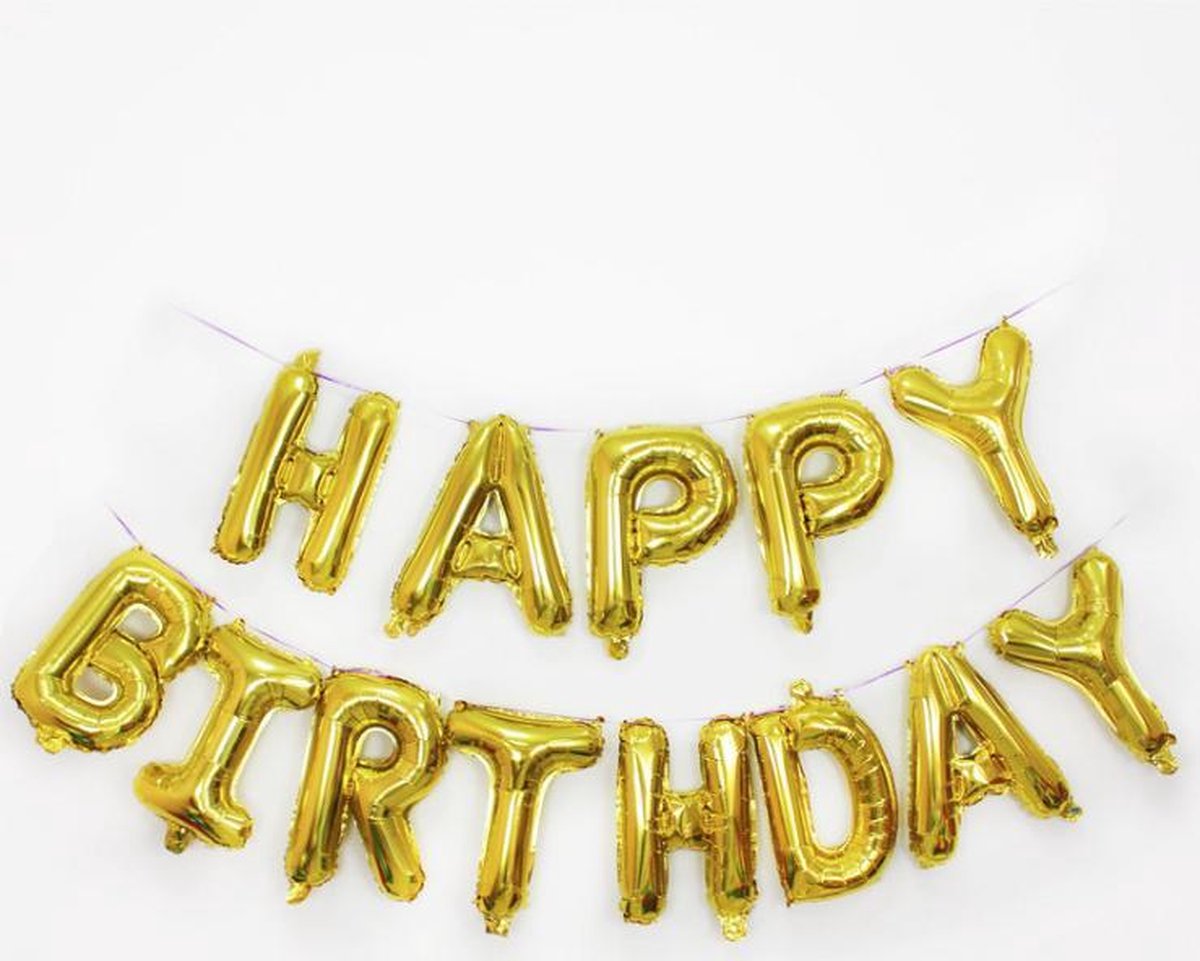 Folie Ballon - Happy  Birthday Goud - Gold Met Rietje