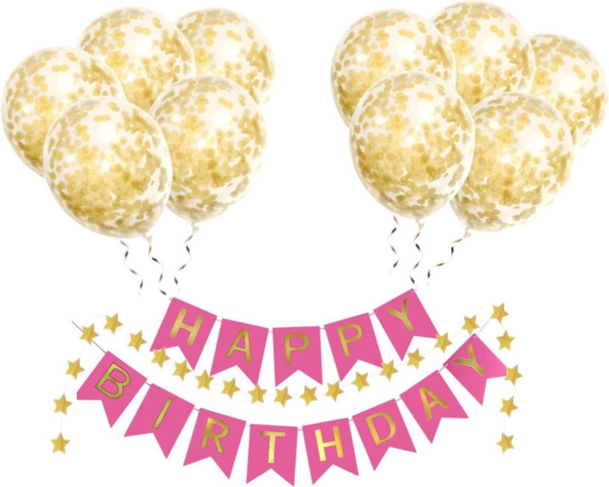 Happy Birthday Slinger Set Verjaardag Versiering Gouden Confetti Helium Ballonnen Verjaardag Versiering Fuchsia & Goud