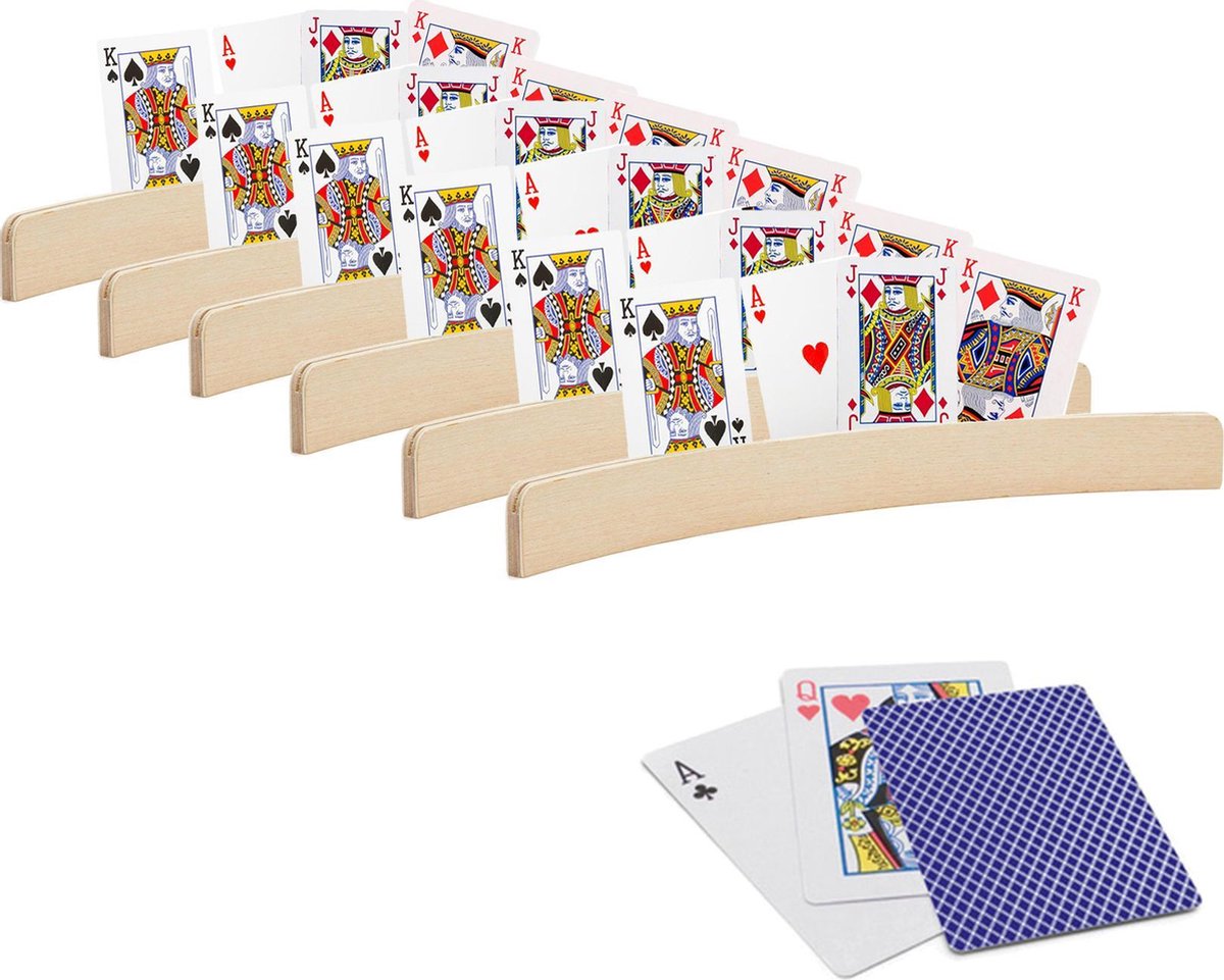6x stuks Speelkaarthouders - inclusief 54 speelkaarten blauw geruit - hout - 35 cm - kaarthouders