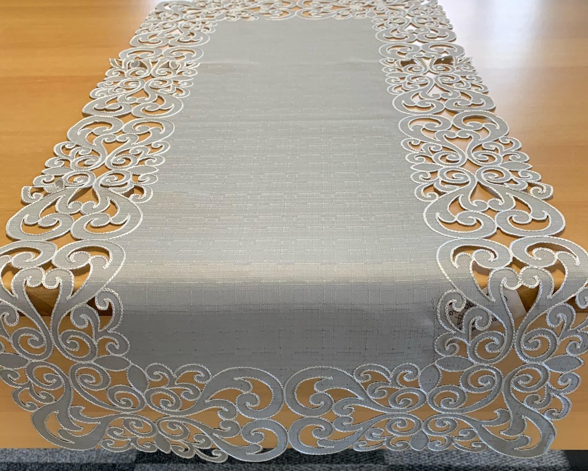 Tafelkleed serie - Licht grijs met geborduurde sier rand - Hart - Loper 85 cm