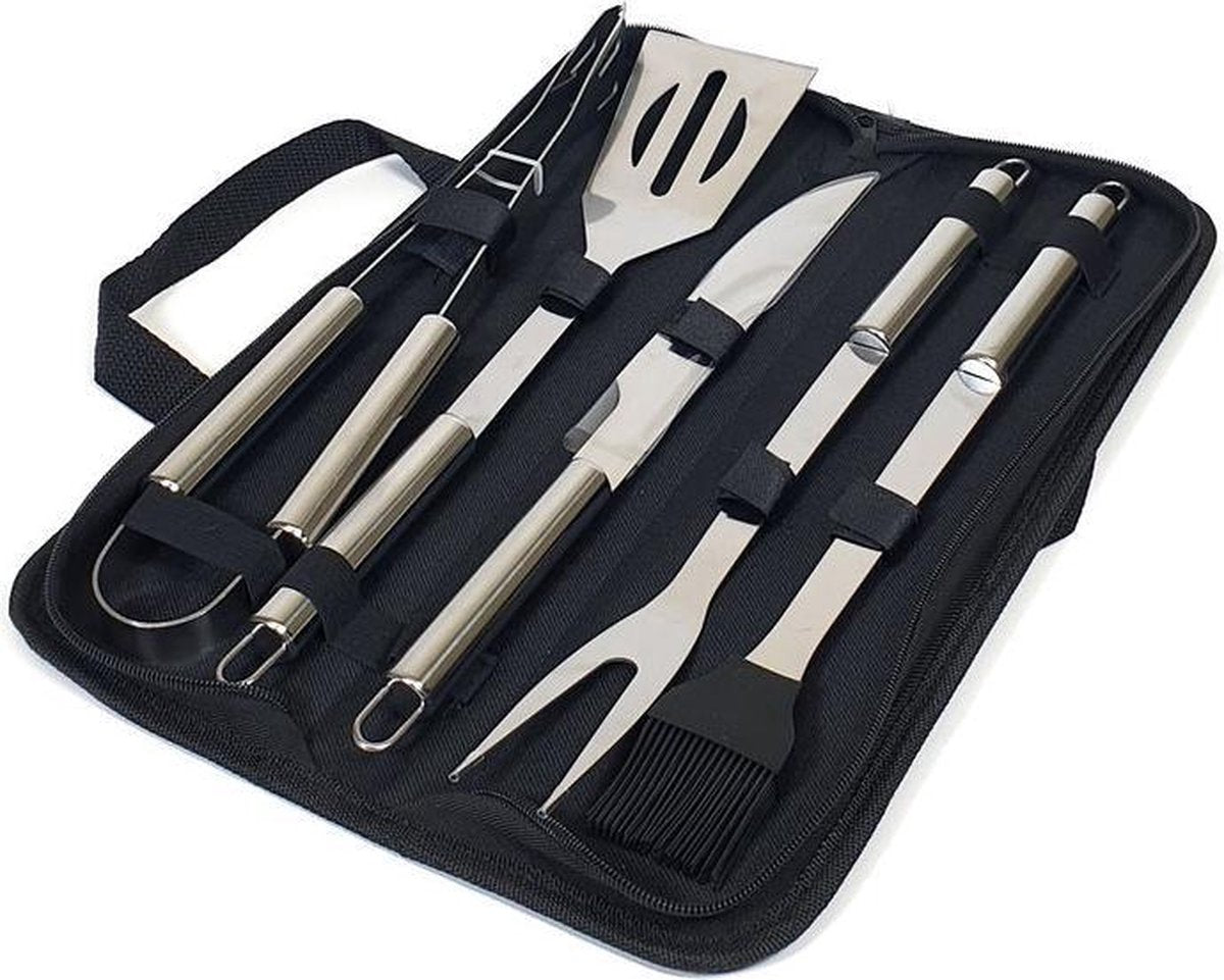 Krumble 5-delige barbecue set / Roestvrijstalen BBQ set van 5 / Inclusief handige opbergtas - RVS