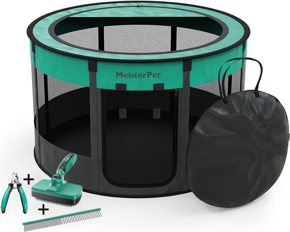 Meisterpet - opvouwbare puppyren rond - (Ø x H) 115 x 58 cm - met gratis dieren verzorging set