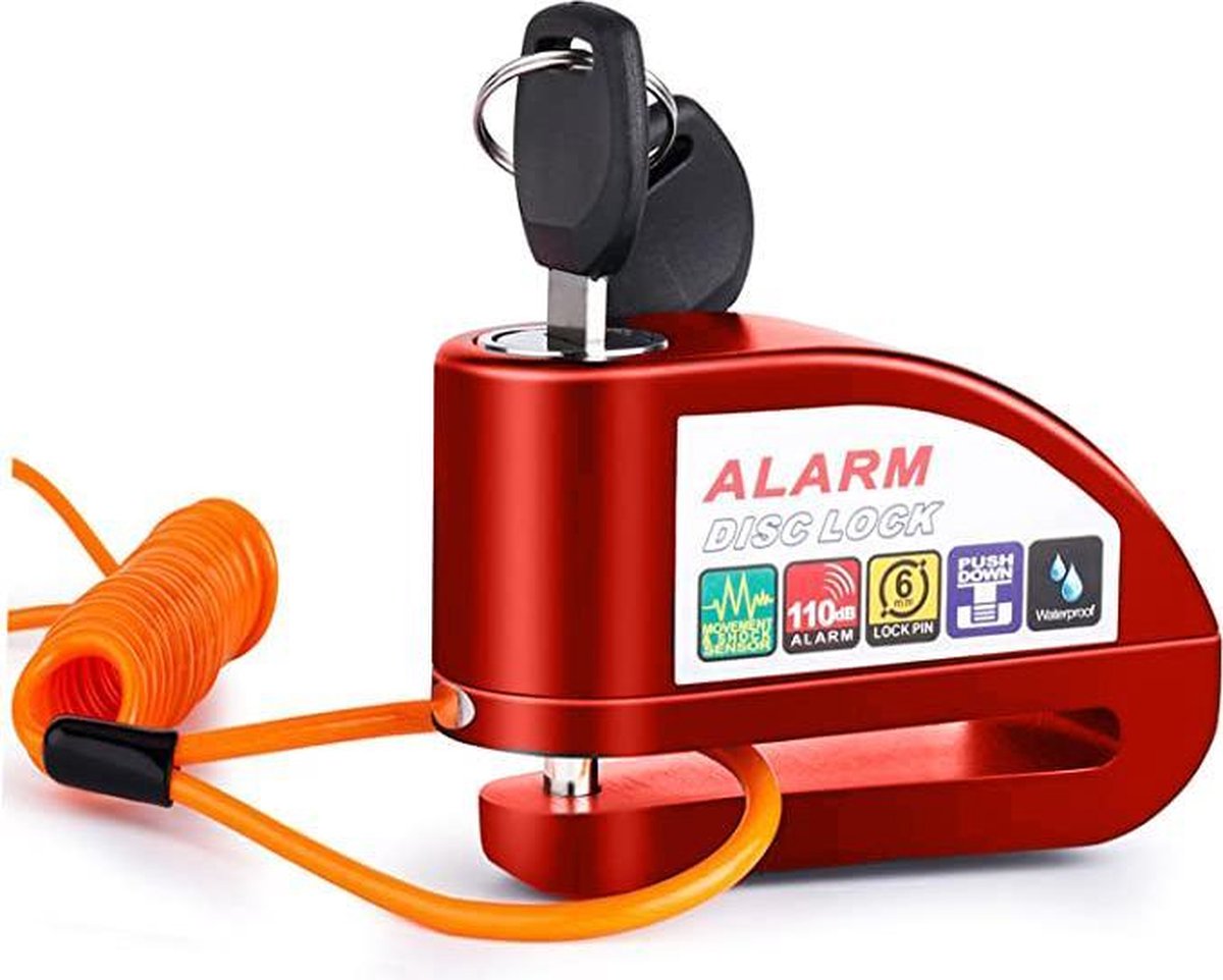 Vinz Elbroes Schijfremslot / Remschijfslot met Alarm / Motorslot / Scooterslot Rood – 6 mm