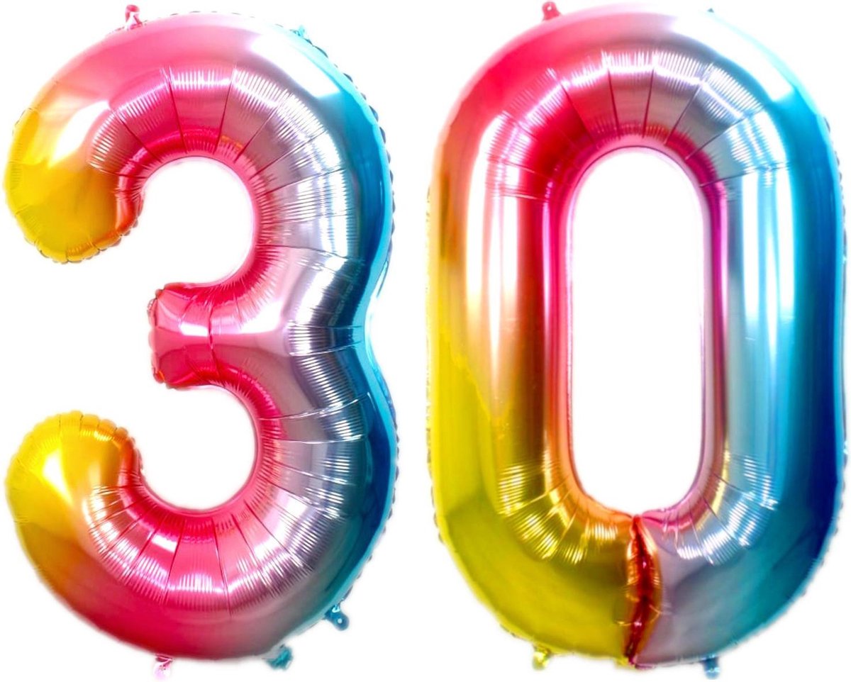 Folie Ballon Cijfer 30 Jaar Regenboog 70Cm Verjaardag Folieballon Met Rietje