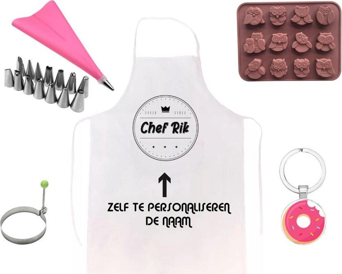 Bakpakket - bak set - bak spullen - slagroomspuit - bak schort - vormpjes - cake vormpjes - verras je vriend - verras je vriendin - nieuwe bakspullen - cadeau - kado - bak cadeau - verassingspakket