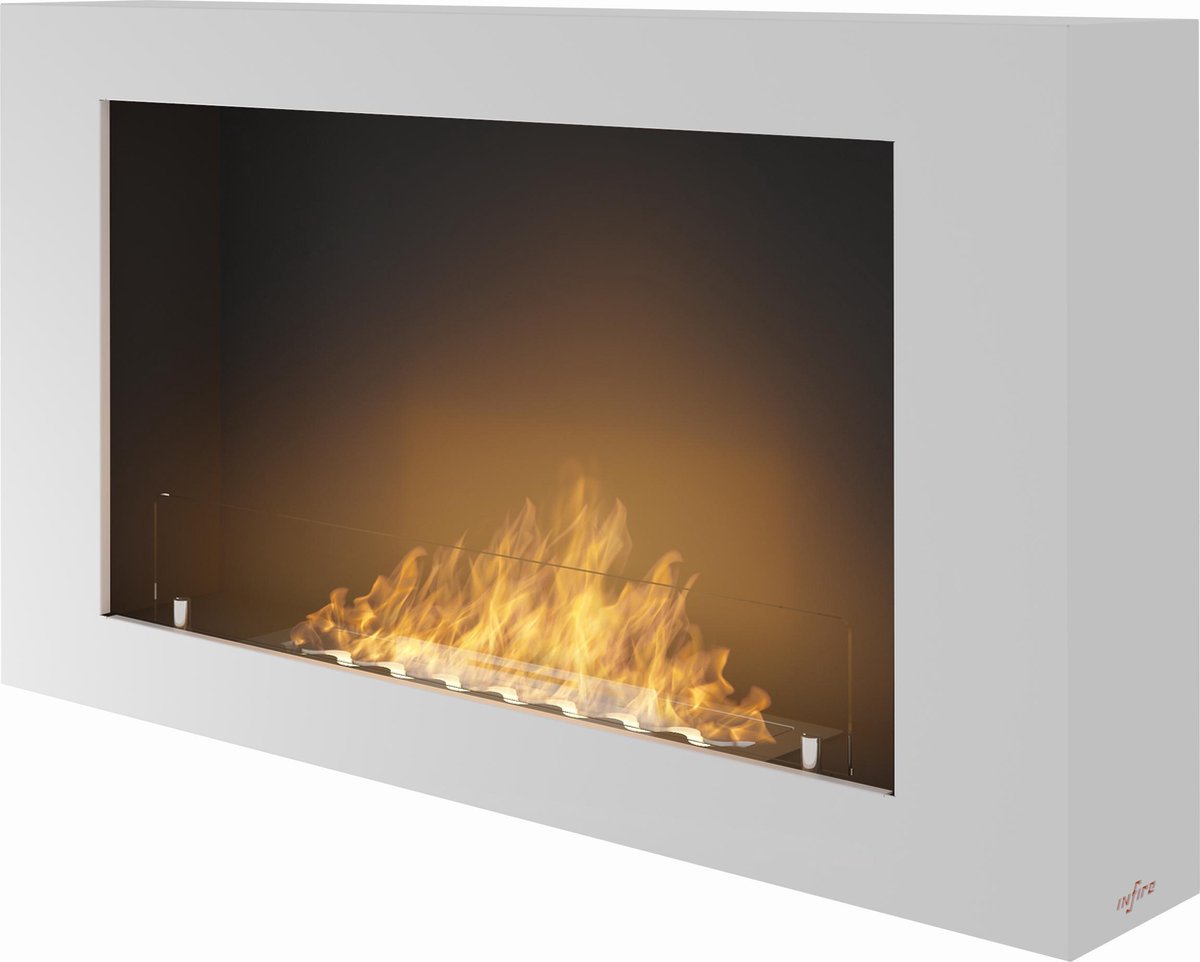 Bio ethanol haard - sfeerhaard met glasplaat – INGEBOUWDE- ISOLATIE -wandsfeerhaard- wit- 100x56cm- Infire Murall 1000