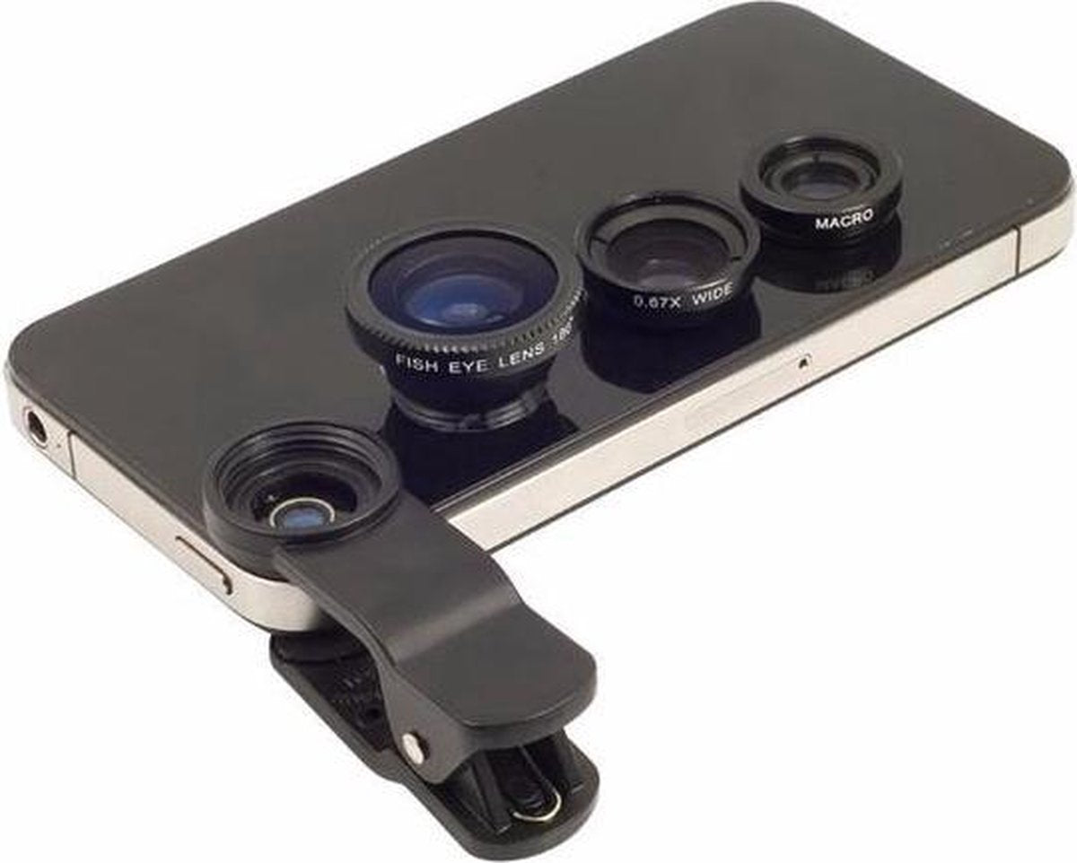 3-in-1 Opzetlens smartphone/tablet - Fish / Macro / Wide Lenzen - Zwart