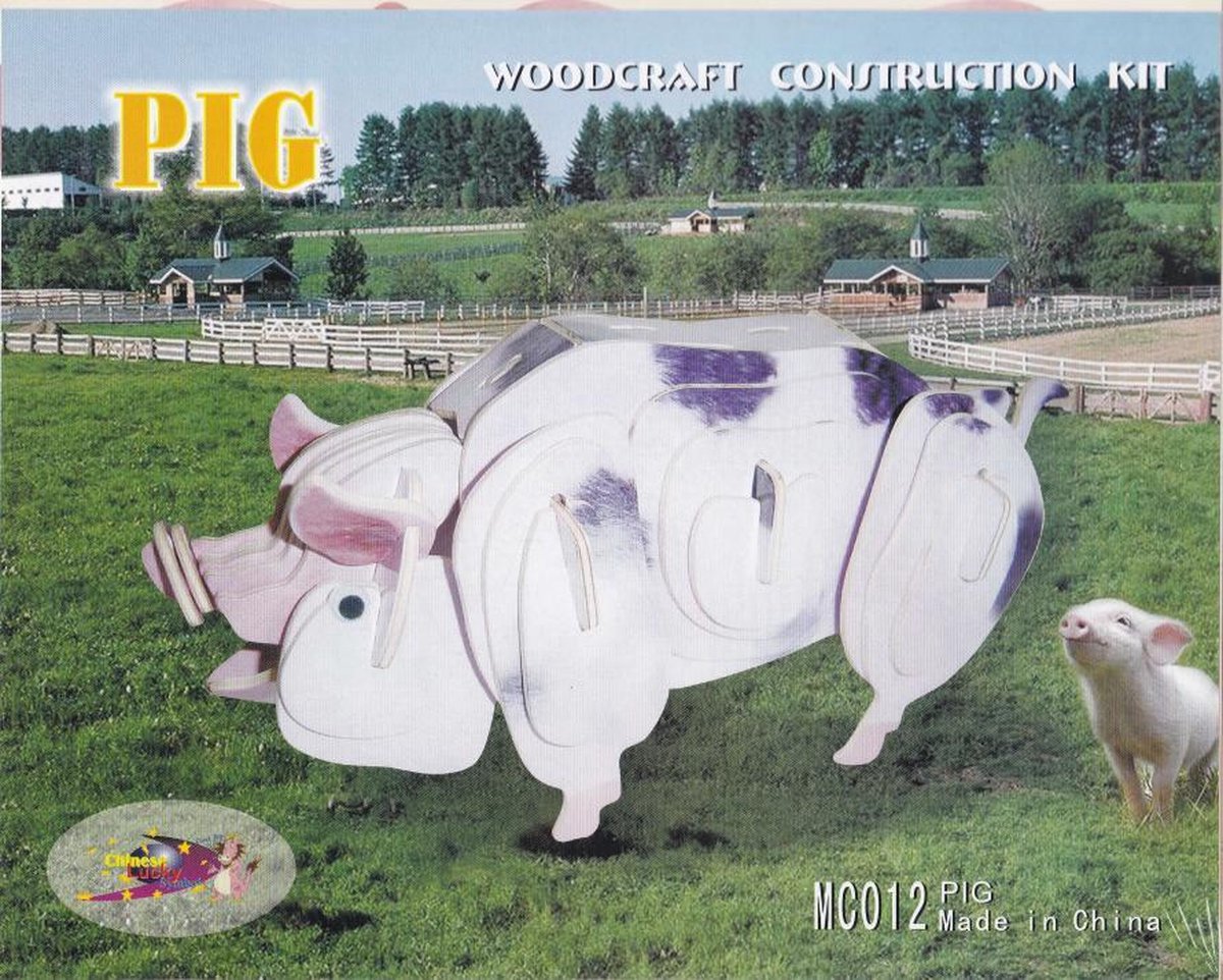 3D Puzzel Bouwpakket Varken - hout - gekleurd