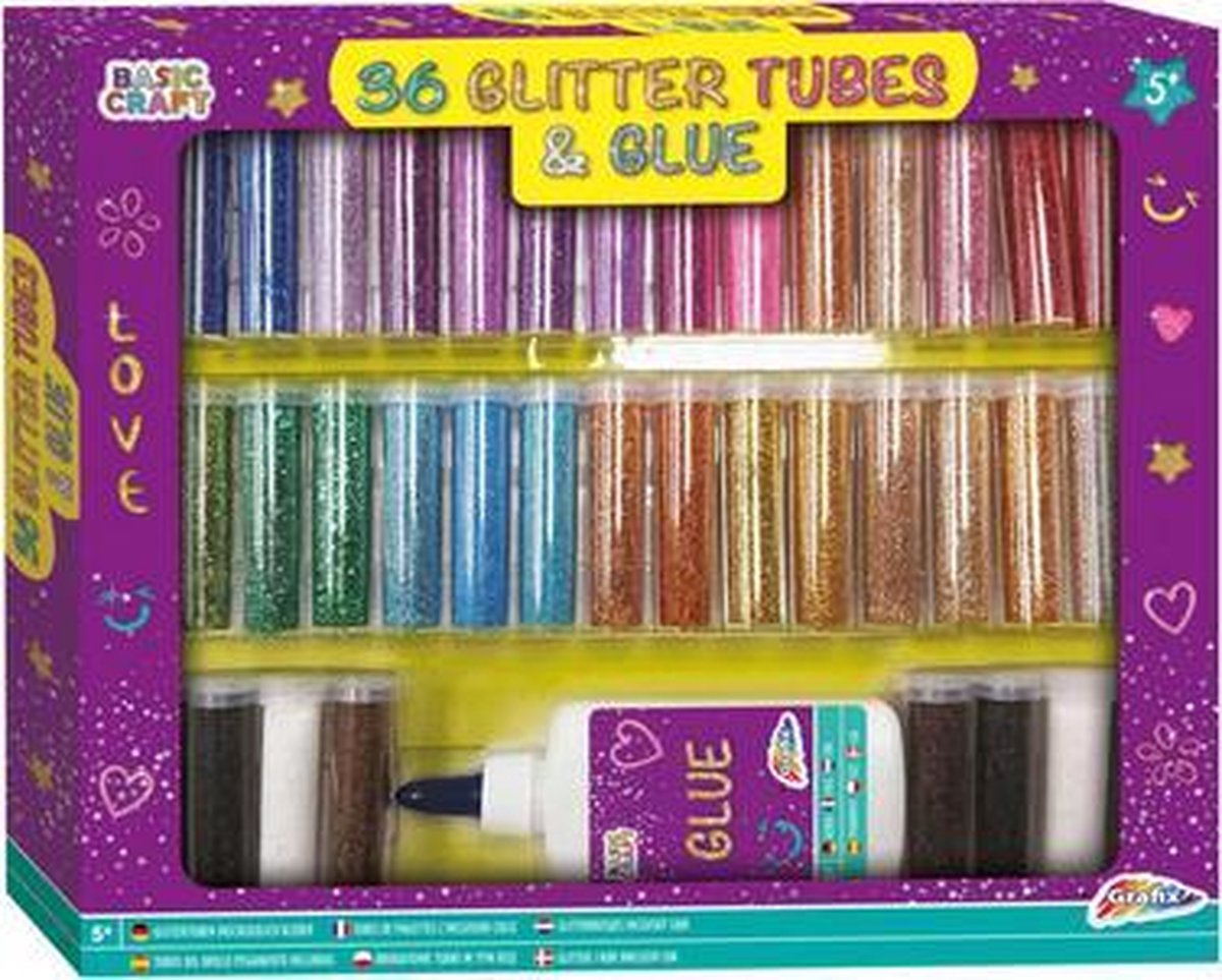 Basic Craft Glitter Tubes Set 36x10 gr | knutsel / hobbyset - glitter en lijm set