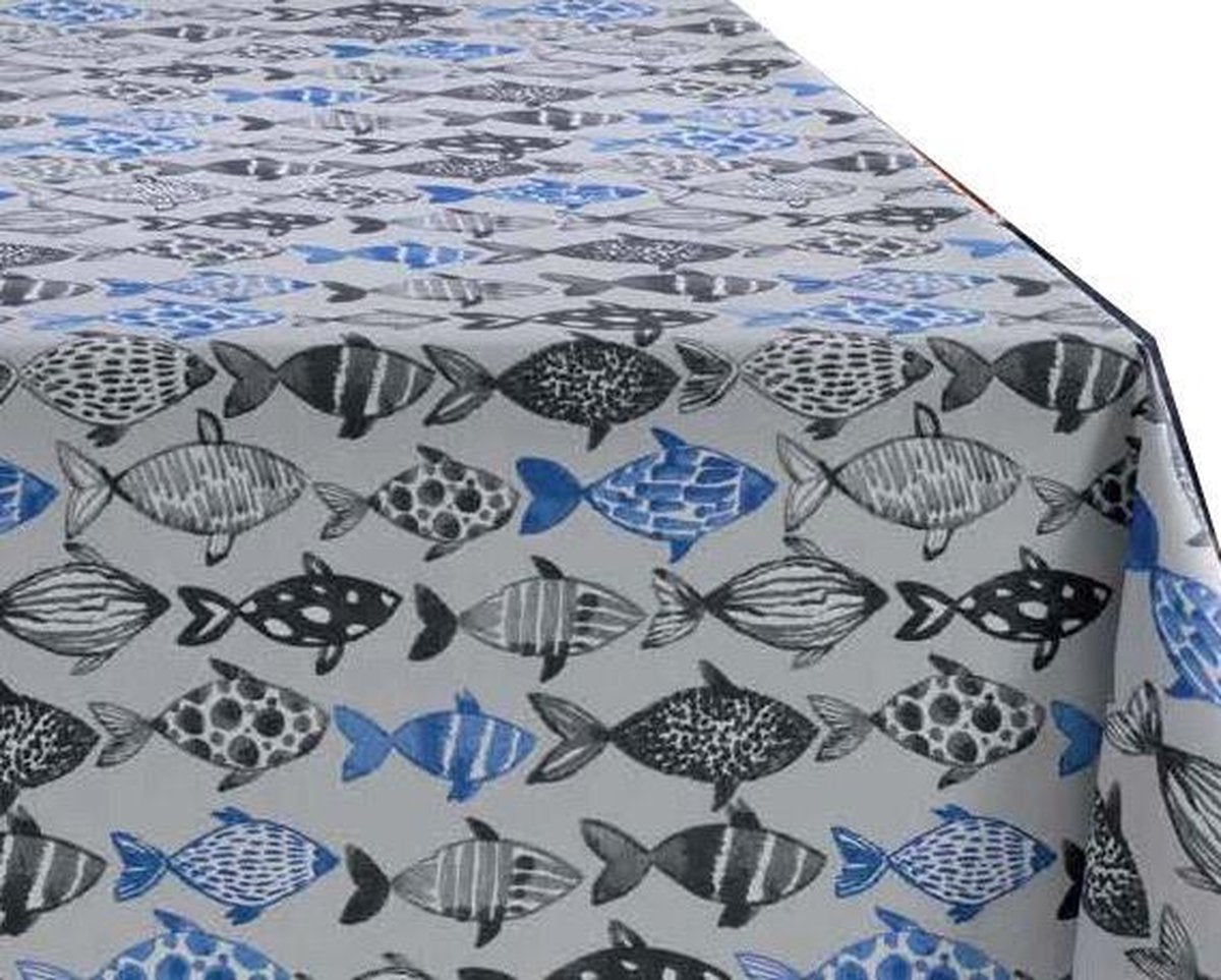 MixMamas Tafelkleed Gecoat Visjes - 140 x 250 cm - Blauw/Zwart