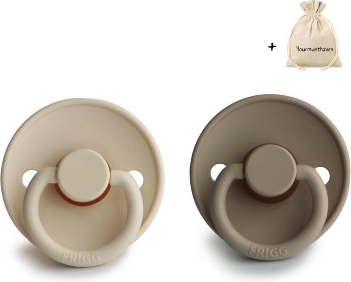 FRIGG | Fopspeen Duo | T1 | 0-6 maanden | Classic | Natuurrubber | Portobello + Sandstone | Met YOURMUSTHAVES speenzakje