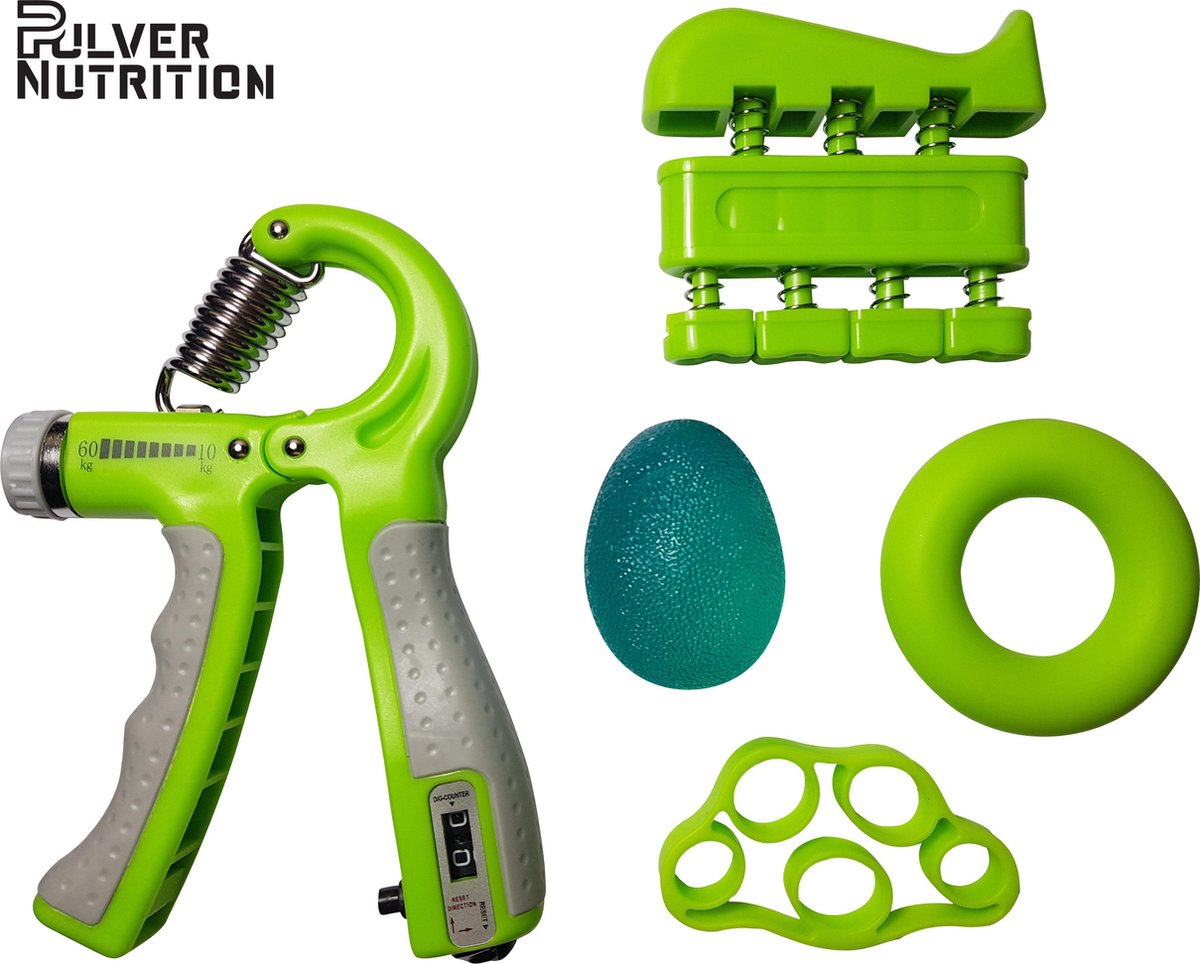 Kracht & herstel 5 delige set Groen – Vingertrainer – Polstrainer – Handknijper – handtrainer- Grip Ring - Grip Bal - Vingerweerstandsband - Tenniselleboog - RSI – Pulvernutrition