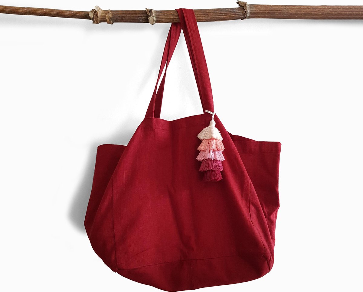 Duurzaam linnen shopper met handgemaakte tassel/ Minimalistische linnen draagtas met handvatten en zakje/grote sterke boho boodschappentas van linnen Bordeauxroodkleur/ duurzame cadeaus
