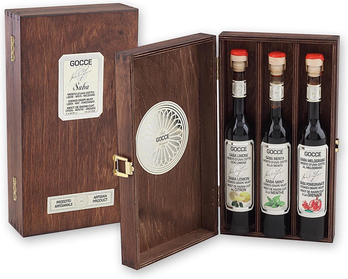 Gocce Balsamico Houten box 3 Sabe “Limone-Menta-Melograno” 3×100 ml - Cadeauset - Siroop- Balsamico Modena -